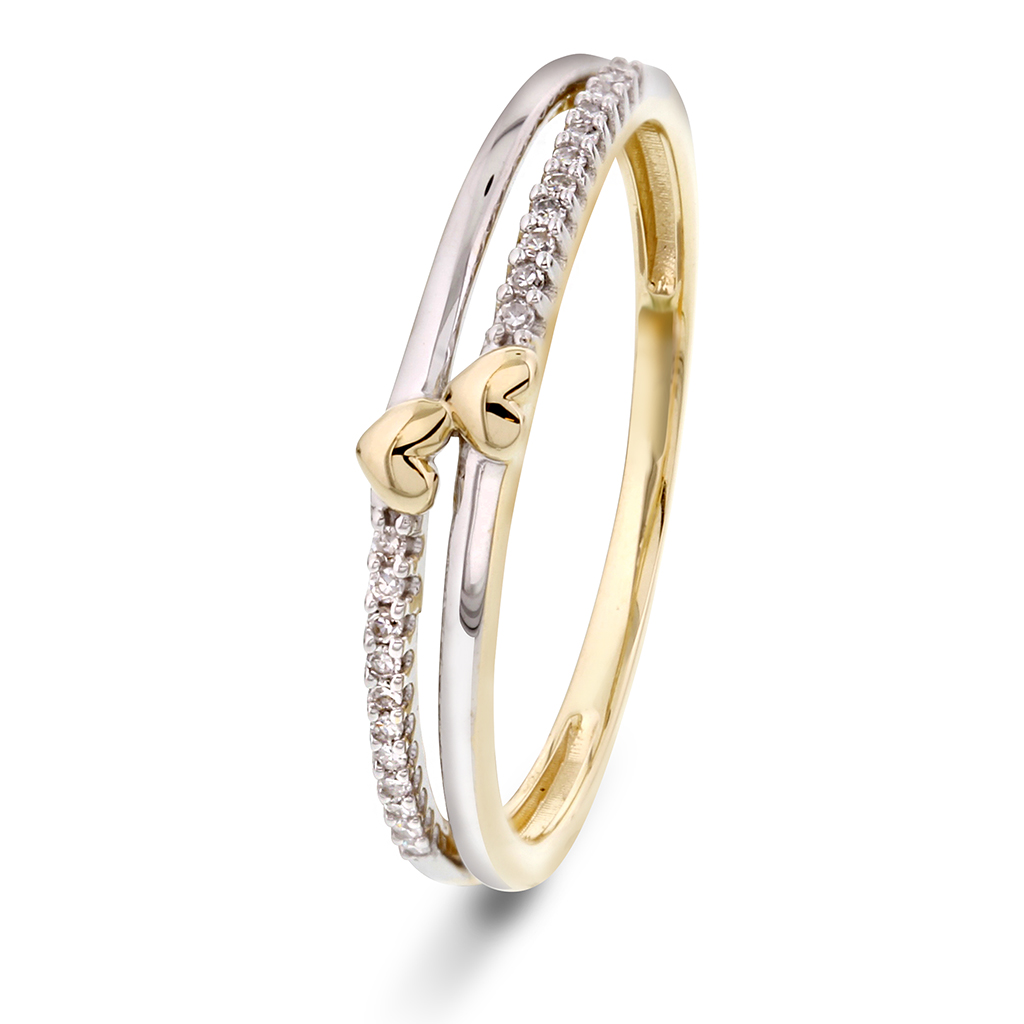 Ring i 585 gult og hvitt gull med hjerte og diamanter 0,06 ct