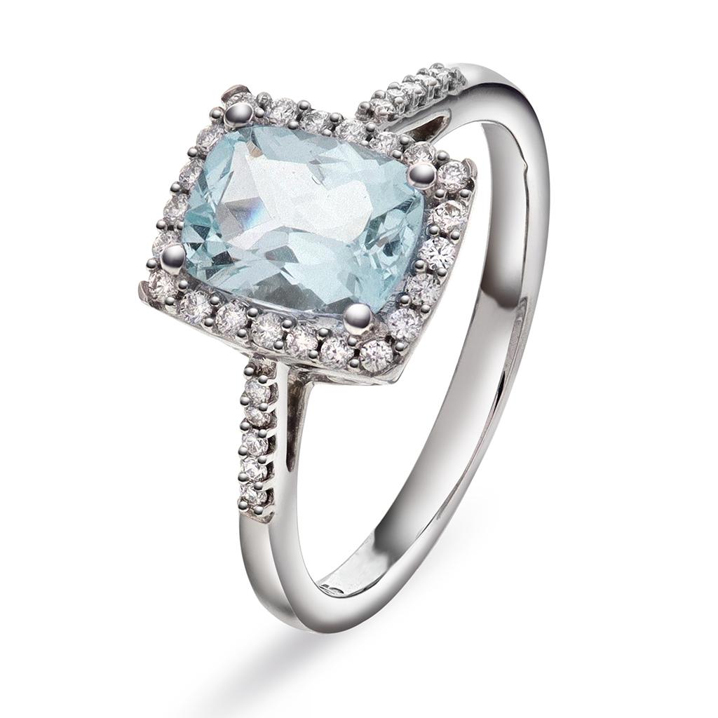 Jacqueline diamantring i 375 hvitt gull 0,20 ct med akvamarin
