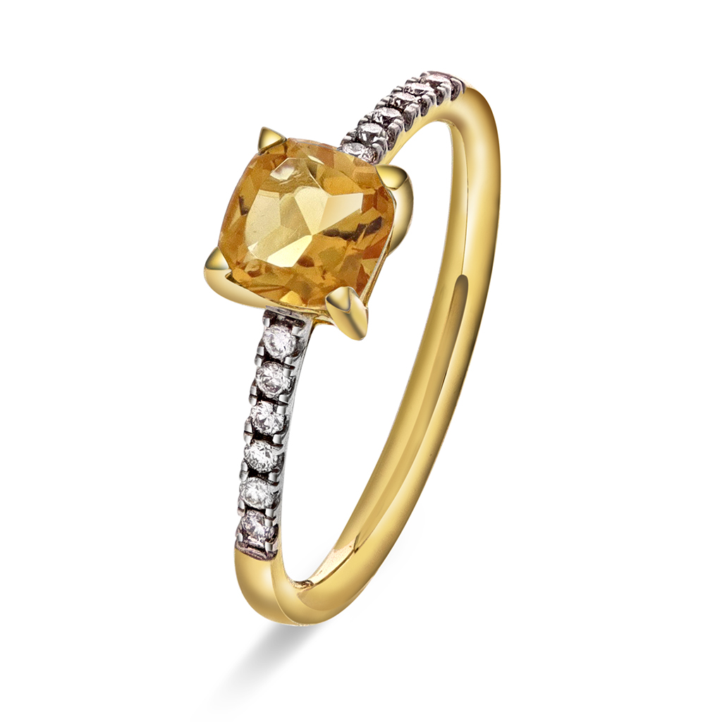 Aurora diamantring i 585 gult gull med diamanter 0,10 ct og citrin