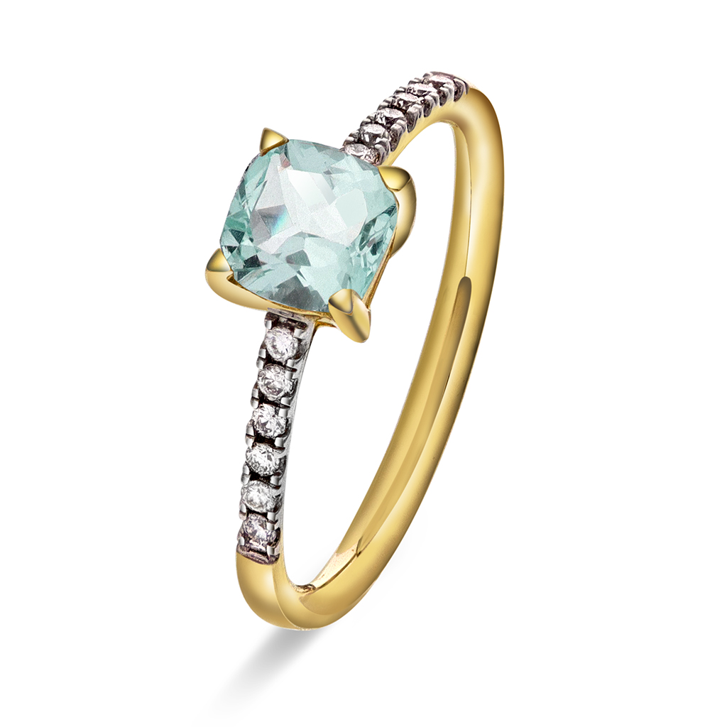 Aurora diamantring i 585 gult gull med diamanter 0,10 ct og grønn ametyst