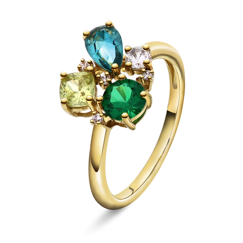 Pan Jewelry, Ring i forgylt 925 sølv med grønne zirkonia